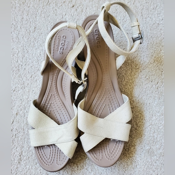Crocs Ivory Canvas Strappy Wedges.  Size 10W - Picture 1 of 13